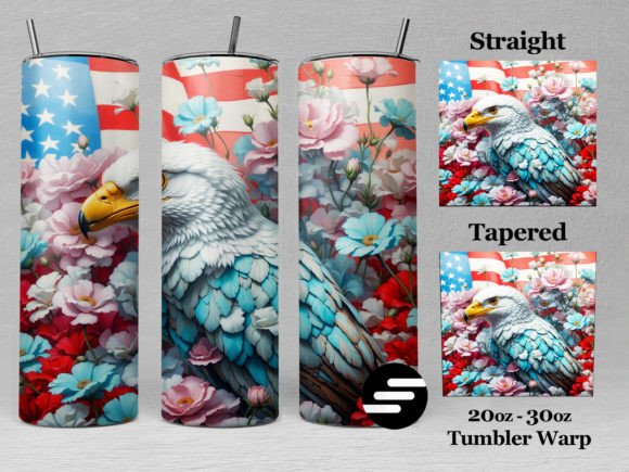 3D American Flag Flower Tumbler Wrap PNG